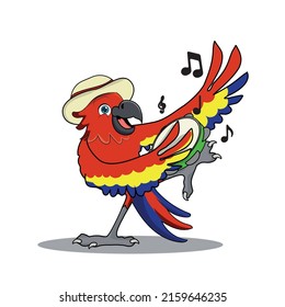 illustration of a red macaw in cartoon style, character representing Brazilian samba.