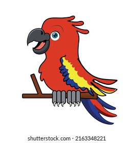Illustration of a red macaw in cartoon style. Drawing of a Brazilian bird with a happy expression.