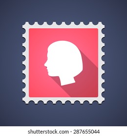 Illustration of a red mail stamp icon with a female head