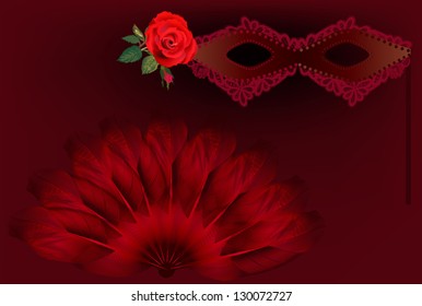 illustration with red mask and fan on dark background