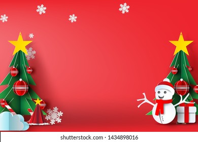 illustration of Red Merry Christmas Background with Border made scene place your text.Xmas day with winter landscape by snowflakes.Christmas and happy new year for Greeting Card.star,gift box.vector 