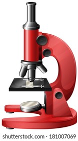 Illustration of a red microscope on a white background