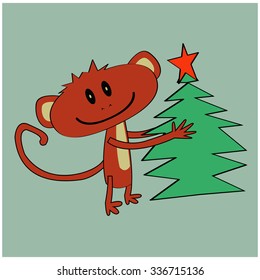 illustration red monkey holding a Christmas tree