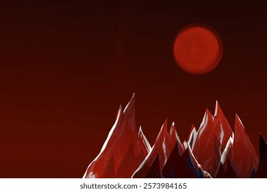 illustration of a red moon behind a rocky mountain