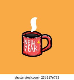 Illustration of a red mug featuring 'New Year' text, emitting steam, depicted on an orange background. Perfect for New Year celebrations, coffee lovers, and festive-themed designs and campaigns.