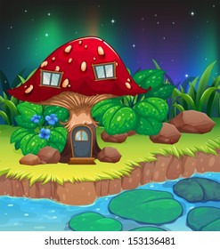 Illustration of a red mushroom house near the river with waterlilies
