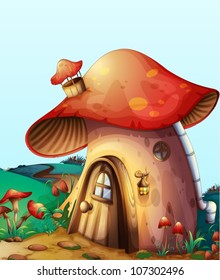 illustration of red mushroom house on a blue background