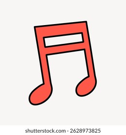 Illustration of a red musical note with a black outline on a white background. The note is stylized and simple, emphasizing its musical theme. Illustration vector.