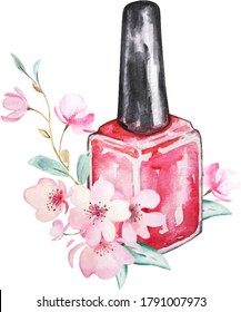 illustration of red nail polish with sakura blossom branch