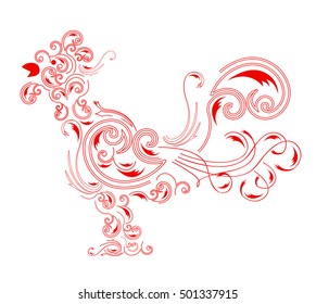 Illustration Red New Year Cock on a White Background 