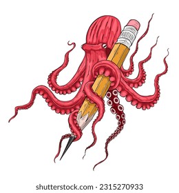 illustration red octopus holding a yellow pencil