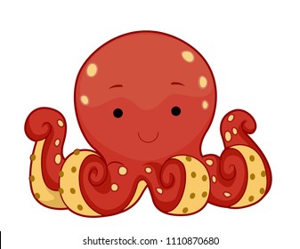 Illustration of a Red Octopus with Tentacles Curled Up