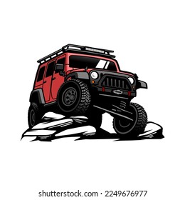 Illustration of a red offroad car. While crawling on large rocks, a wheel lifted up. Perfect for use as logos, posters, stickers and t-shirts.