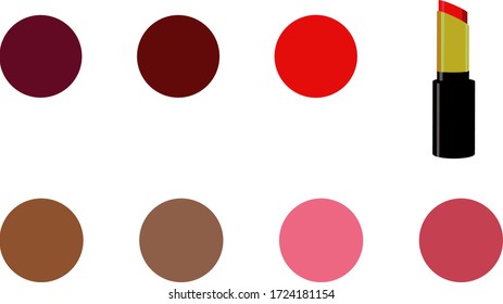 An illustration of a red opened lipstick and seven colors of lipstick swatches.