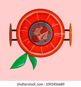 An illustration of a red orange and a BBQ system with meat and vegetables grilling. 