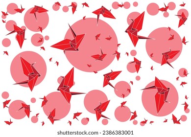 Illustration of red origami bird flying with soft red circle on white background.