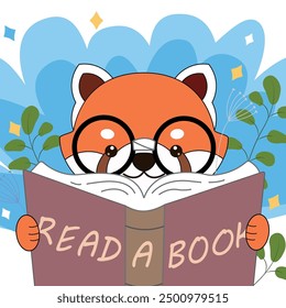 Illustration Red panda read a book 