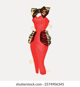 Illustration of a red paper dress with a large brown bow. The dress features a fitted silhouette and decorative brown accents. Fashionable and elegant design. Vintage art drawing illustration vector.