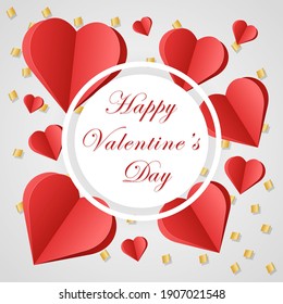 Illustration with red paper hearts for Valentine's Day on February 14 for design.