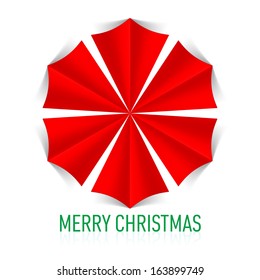 Illustration of red paper snowflake on white background. Greeting card.
