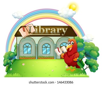 Illustration of a red parrot reading in front of the library on a white background 