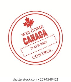 Illustration of a red passport stamp featuring Canadian maple leaf symbol welcome text and entry date. It represents international travel and border crossing.