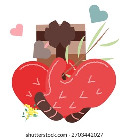 Ilustración de manoplas con patrón rojo que sostienen la caja de regalo con flores