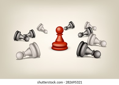 illustration of red pawn and beaten others pawns on grey background
