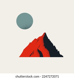 Illustration of a red peak or mountain with blue moon. Grain texture in shadows. Minimal design style eps10 vector.