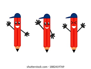 illustration red pencils with expressions, school stuff, hat, etc