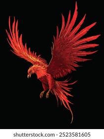 illustration with red phoenix isolated on black background