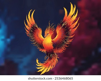 illustration with red phoenix on blue and lilac background