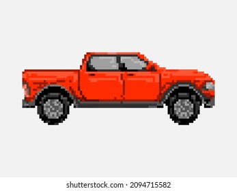 Illustration of red pick up car in pixel art style