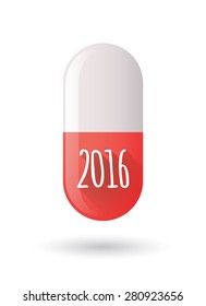 Illustration of a red pill icon with a 2016 sign
