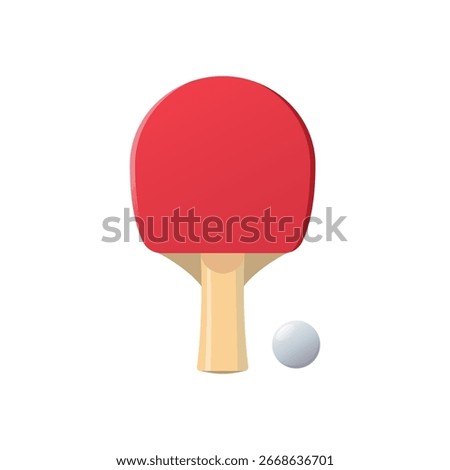 Illustration of a red ping pong paddle with a wooden handle and a white table tennis ball on a plain background.