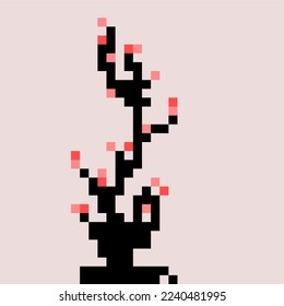 Illustration of a red pixel flower on a black branch in a flowerpot.