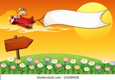 Illustration of a red plane with a banner and the arrow board at the hill