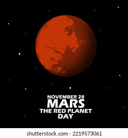 Illustration of a red planet called Mars in outer space with stars and bold text to commemorate Red Planet Day on November 28