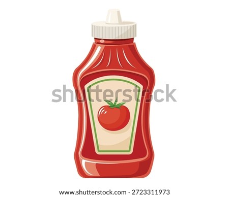 Illustration of a red plastic ketchup bottle with a tomato label