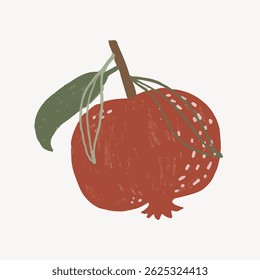 Ilustração de uma romã vermelha com folhas verdes em um ramo. A romã é estilizada com uma aparência texturizada e um design artístico simples. Vetor de ilustração de fruta.