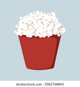 Illustration of a red popcorn bucket filled with fluffy popcorn. The popcorn is white and fluffy, overflowing from the red bucket. Simple and colorful design. Aesthetic vector illustration.