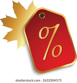 Illustration of a red price tag with a golden percentage sign and a golden maple leaf behind it, isolated on white. Represents autumn sales and promotions.