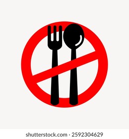 Illustration of a red prohibition sign with a black fork and spoon. The sign indicates no eating. No eating symbol with a fork and spoon crossed out. User interface icon vector.