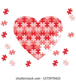 Illustration of a red puzzle heart made of small pieces on a white background