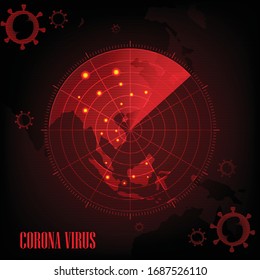 ilustración - pantalla roja de radar peligroso corona virus en el mapa.
