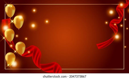 Illustration of red realistic ribbon with Golden balloon and stars background. Design for ceremony holiday greeting card, banner, invitation.