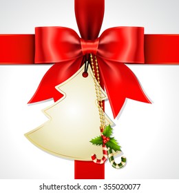 Illustration of red ribbon bow vector with Christmas tag card