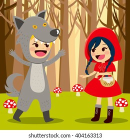 Illustration of Red Riding Hood at Forest meeting wolf