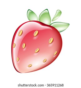illustration of red ripe strawberry with green leaves in aqua technique.