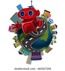 Illustration red robot on the road around the globe